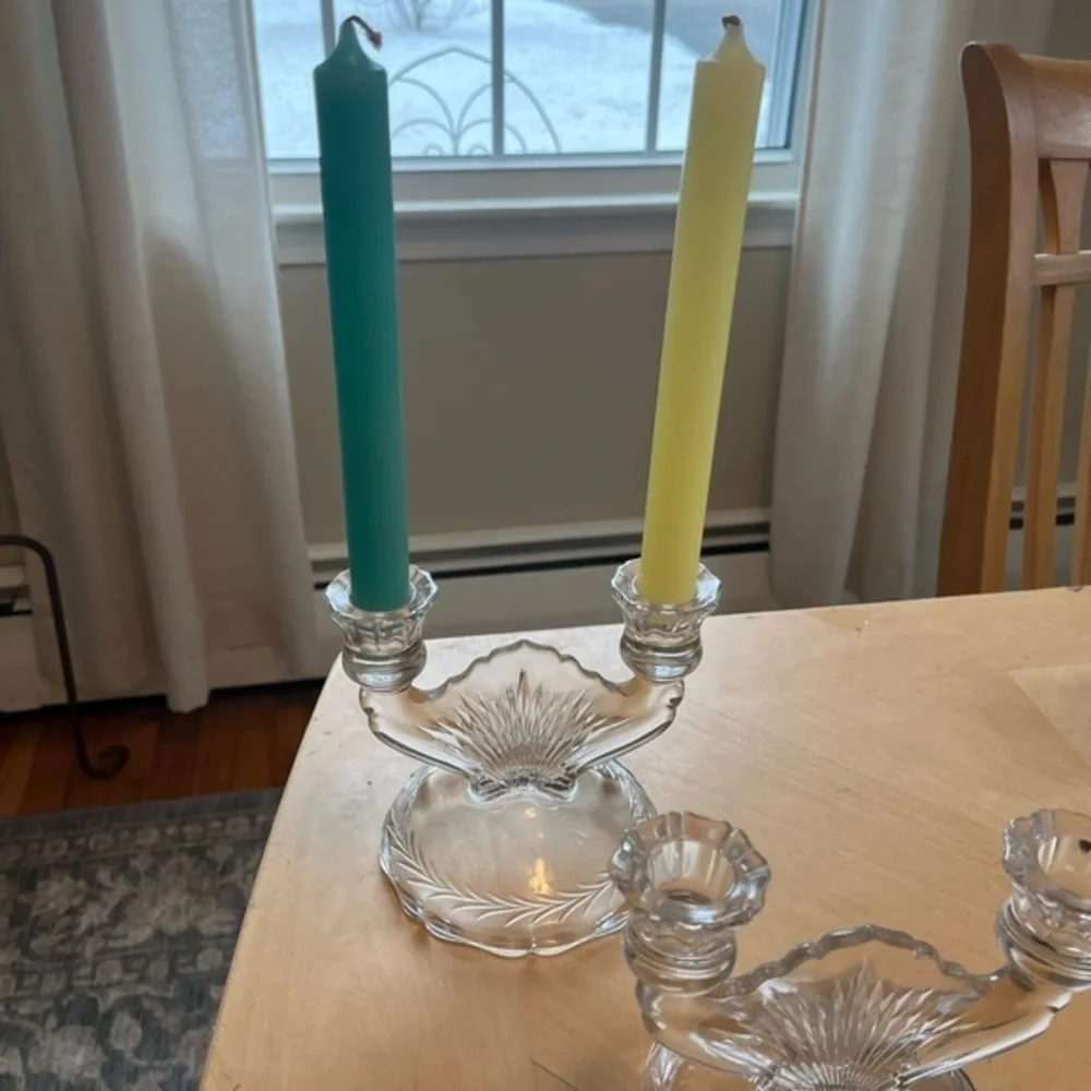 Vintage Clear Jeanette Glass Double Candlestick Sunburst Herringbone Set of Two